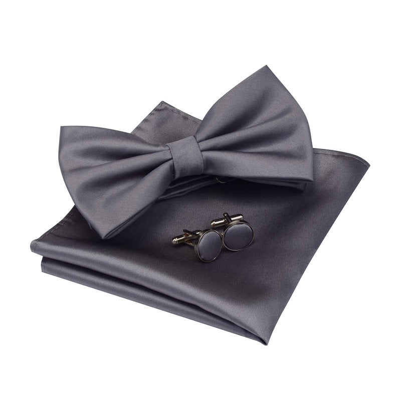 GUSLESON Mens Dark Gray Bow Tie Solid Pre-tied Bowtie and Pocket Square Cufflink Set (0570-21) - Image 1